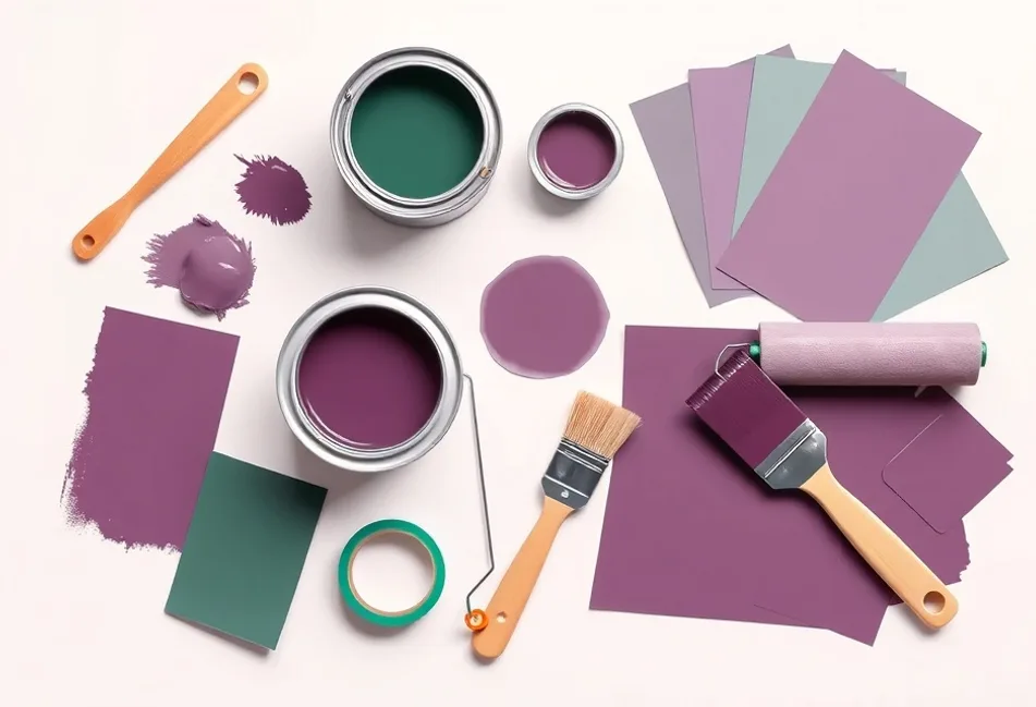 Pots de peinture, nuancier, brosses et rouleaux disposés à plat