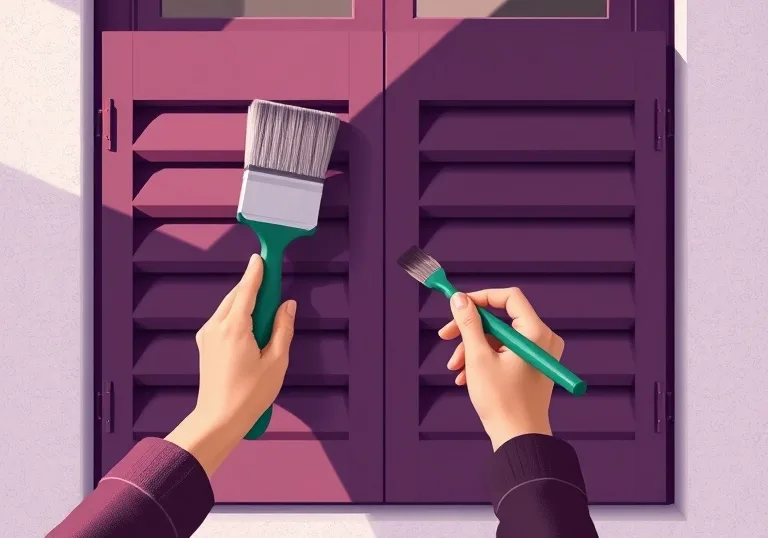 Mise en peinture au pinceau de volets et d'encadrements en bois