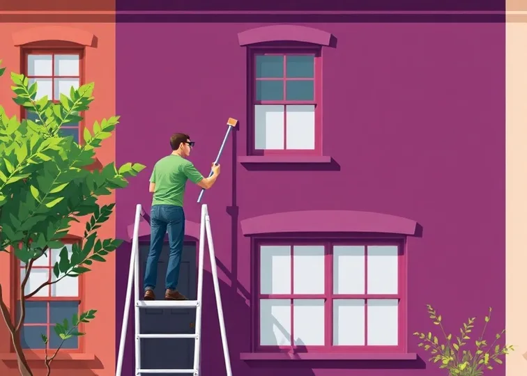Peintre sur échafaudage traitant la façade d'une maison